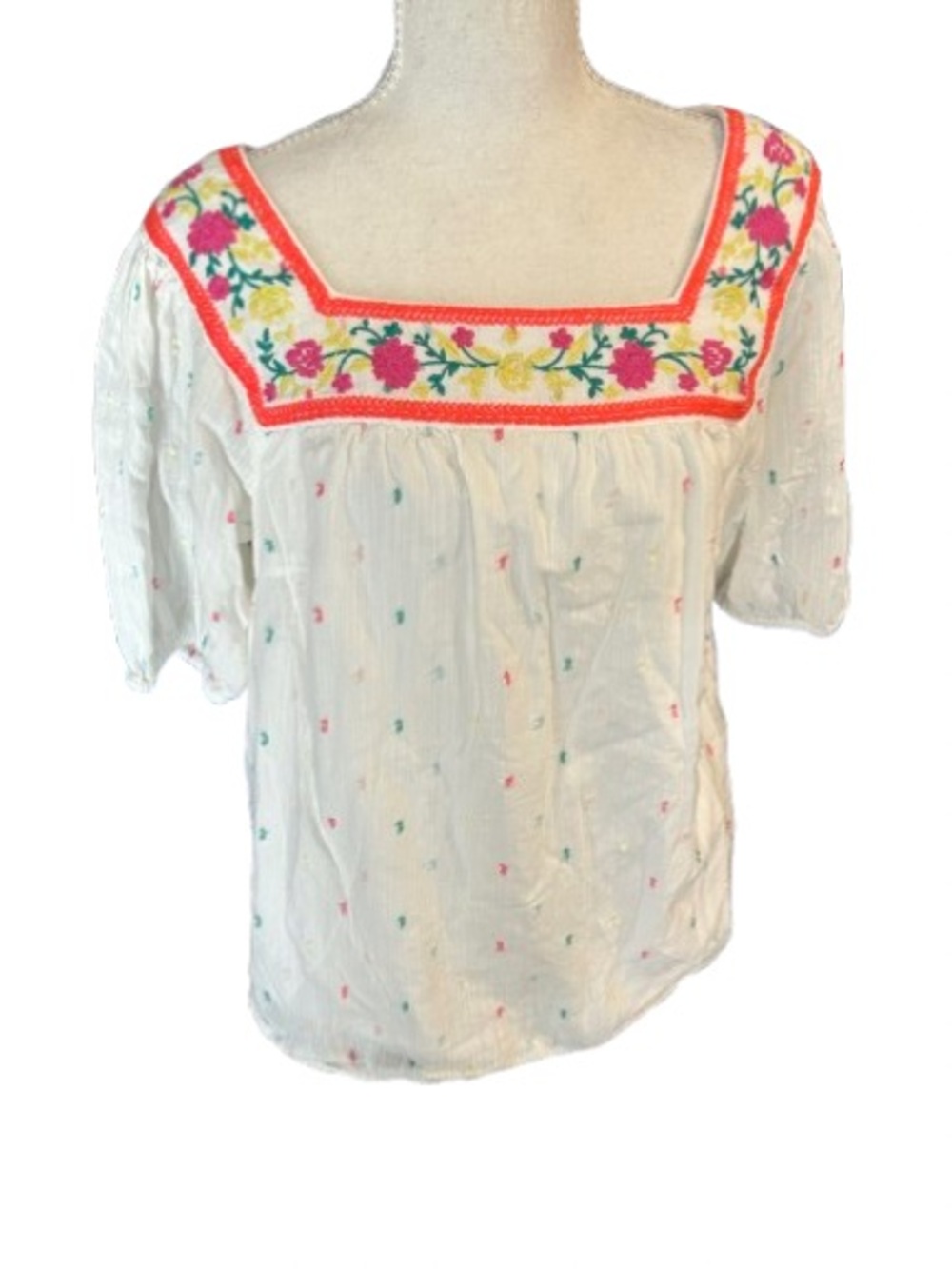 Embroidered Floral Cotton Peasant Top Blouse Shirt TALBOTS Cottage Boho Tee